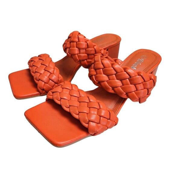 WeeBoo Puff Braided Square Toe Sandals Heels 7.5 Orange Chunky - Picture 1 of 9
